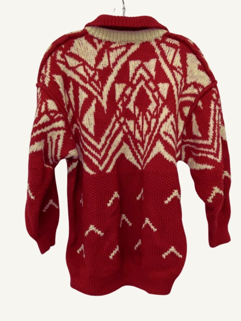 Boston Traders Vintage Geometric Wool Sweater Red Ivory Collared Chunky Knit - Picture 4 of 7